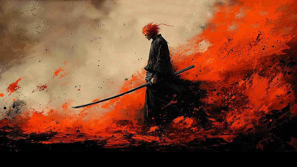 Fond d'écran minimaliste Bleach Kurosaki Ichigo silhouette 4K avec fond noir et orange et épée, style artistique téléchargement gratuit en Ultra HD