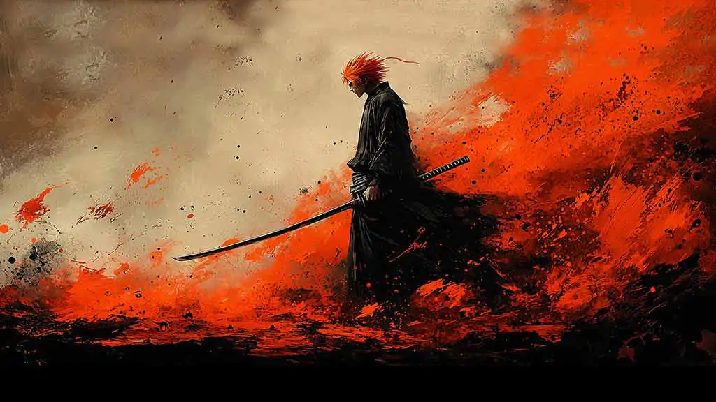 Fond d'écran minimaliste Bleach Kurosaki Ichigo silhouette 4K avec fond noir et orange et épée, style artistique téléchargement gratuit en Ultra HD