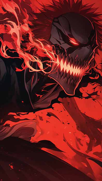 Fond d'écran 4K de Kurosaki Ichigo Hollow avec une expression féroce sur fond rouge - Fond d'écran HD gratuit de l'anime Bleach pour ordinateur et mobile