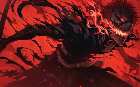 Fond d'écran 4K de Kurosaki Ichigo Hollow avec une expression féroce sur fond rouge - Fond d'écran HD gratuit de l'anime Bleach pour ordinateur et mobile