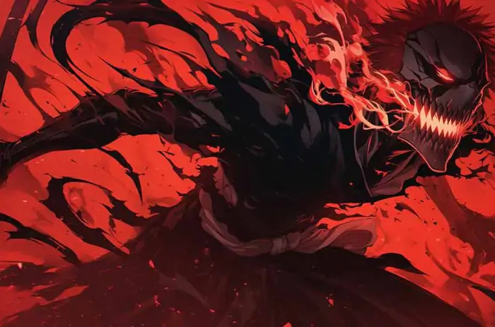 Kurosaki Ichigo Hollow form 4K wallpaper with fierce expression against red background - free Bleach anime HD background for desktop and mobile