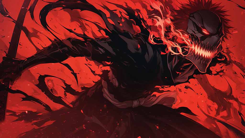 Fond d'écran 4K de Kurosaki Ichigo Hollow avec une expression féroce sur fond rouge - Fond d'écran HD gratuit de l'anime Bleach pour ordinateur et mobile