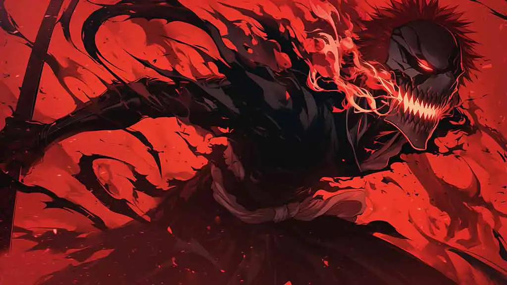 Fond d'écran 4K de Kurosaki Ichigo Hollow avec une expression féroce sur fond rouge - Fond d'écran HD gratuit de l'anime Bleach pour ordinateur et mobile