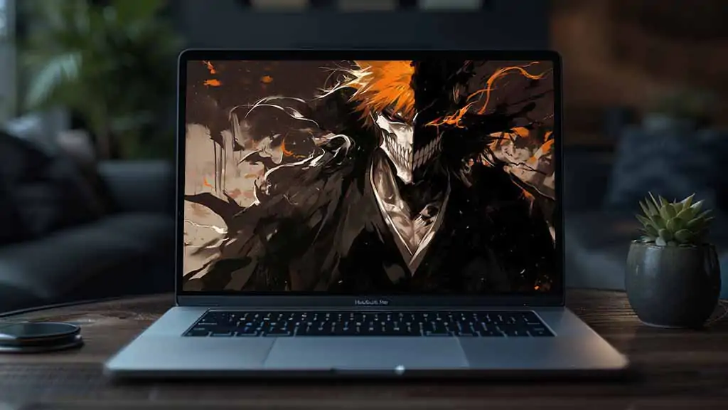 Intense Kurosaki Ichigo Hollow Mask 4K wallpaper with orange hair from Bleach anime, free Ultra HD download with artistic dark style