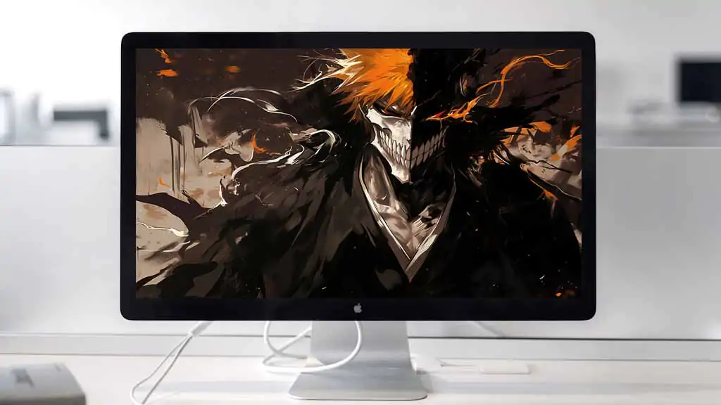 Intense Kurosaki Ichigo Hollow Mask 4K wallpaper with orange hair from Bleach anime, free Ultra HD download with artistic dark style