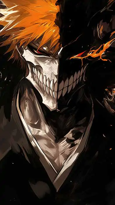 Intense Kurosaki Ichigo Hollow Mask 4K wallpaper with orange hair from Bleach anime, free Ultra HD download with artistic dark style