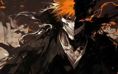 Intense Kurosaki Ichigo Hollow Mask 4K wallpaper with orange hair from Bleach anime, free Ultra HD download with artistic dark style
