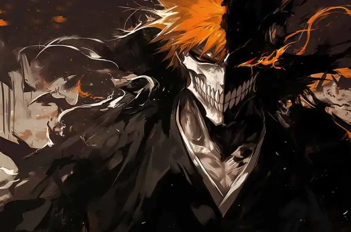 Intense Kurosaki Ichigo Hollow Mask 4K wallpaper with orange hair from Bleach anime, free Ultra HD download with artistic dark style