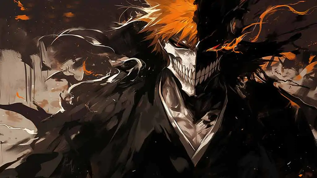 Intense Kurosaki Ichigo Hollow Mask 4K wallpaper with orange hair from Bleach anime, free Ultra HD download with artistic dark style