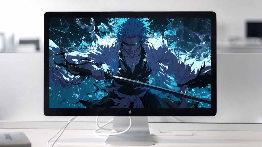 Fond d'écran 4K de Grimmjow Jaegerjaquez avec énergie spirituelle bleue et épée de l'anime Bleach, téléchargement Ultra HD gratuit pour tous les appareils