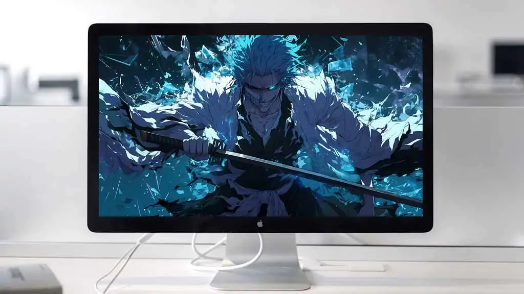 Fond d'écran 4K de Grimmjow Jaegerjaquez avec énergie spirituelle bleue et épée de l'anime Bleach, téléchargement Ultra HD gratuit pour tous les appareils