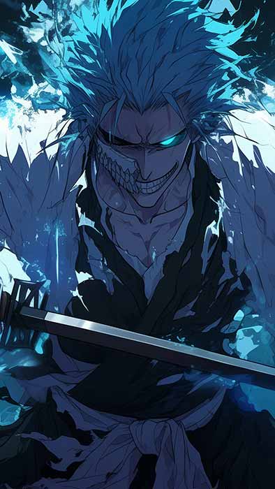 Fond d'écran 4K de Grimmjow Jaegerjaquez avec énergie spirituelle bleue et épée de l'anime Bleach, téléchargement Ultra HD gratuit pour tous les appareils