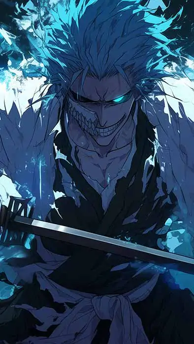 Fond d'écran 4K de Grimmjow Jaegerjaquez avec énergie spirituelle bleue et épée de l'anime Bleach, téléchargement Ultra HD gratuit pour tous les appareils