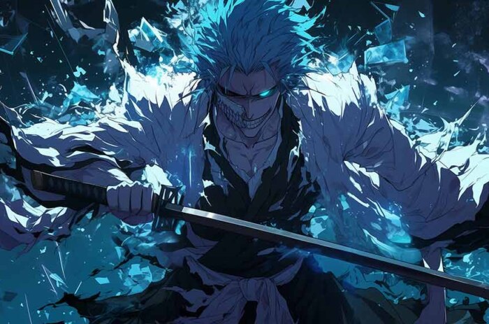 Fond d'écran 4K de Grimmjow Jaegerjaquez avec énergie spirituelle bleue et épée de l'anime Bleach, téléchargement Ultra HD gratuit pour tous les appareils
