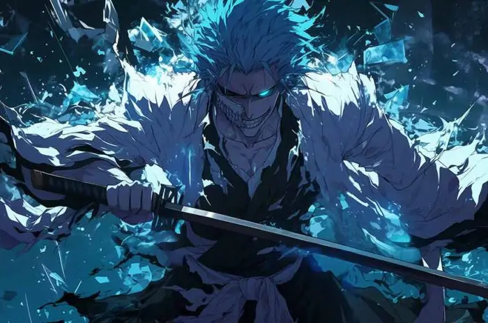 Grimmjow Jaegerjaquez 4K wallpaper with blue spiritual energy and sword from Bleach anime, free Ultra HD download for all devices