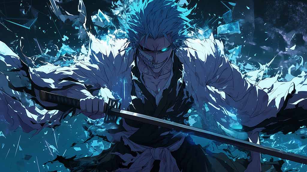 Fond d'écran 4K de Grimmjow Jaegerjaquez avec énergie spirituelle bleue et épée de l'anime Bleach, téléchargement Ultra HD gratuit pour tous les appareils