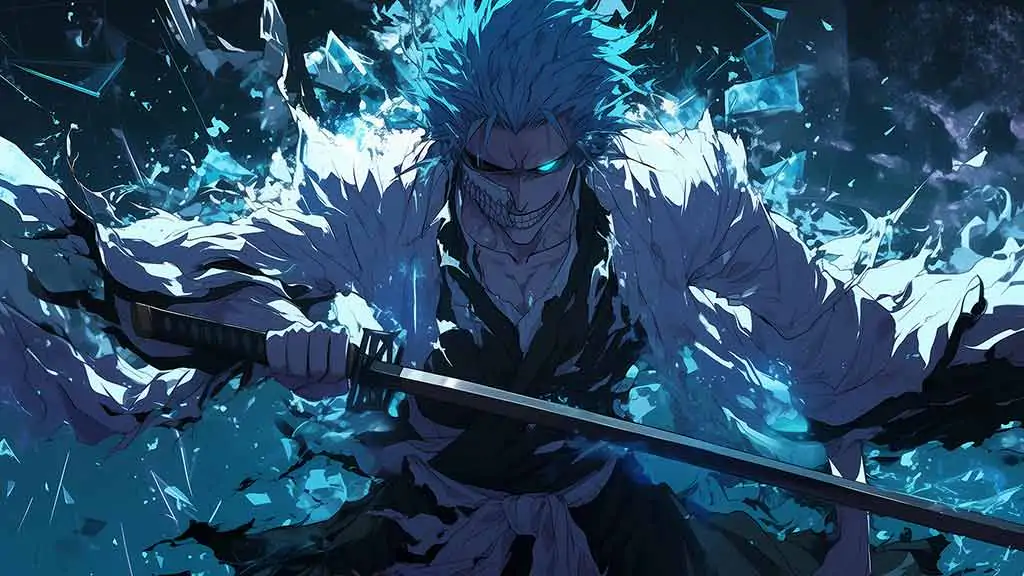Fond d'écran 4K de Grimmjow Jaegerjaquez avec énergie spirituelle bleue et épée de l'anime Bleach, téléchargement Ultra HD gratuit pour tous les appareils