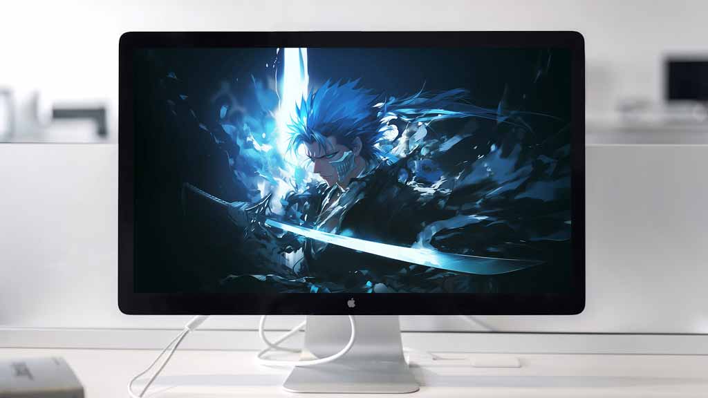 Grimmjow Jaegerjaquez Espada Fond d'écran 4K de l'anime Bleach avec des cheveux bleus brillants et une épée sur fond sombre - Téléchargement HD gratuit
