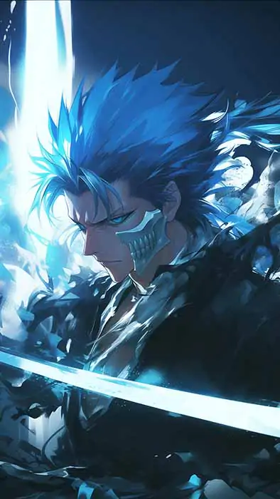 Bleach Anime Grimmjow Jaegerjaquez Espada 4K Wallpaper with glowing blue hair and sword against dark background - Free HD Download