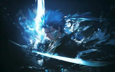 Bleach Anime Grimmjow Jaegerjaquez Espada 4K Wallpaper with glowing blue hair and sword against dark background - Free HD Download