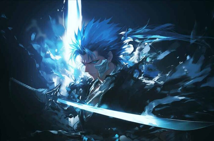 Grimmjow Jaegerjaquez Espada Fond d'écran 4K de l'anime Bleach avec des cheveux bleus brillants et une épée sur fond sombre - Téléchargement HD gratuit