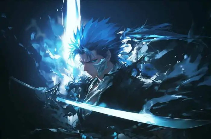Bleach Anime Grimmjow Jaegerjaquez Espada 4K Wallpaper with glowing blue hair and sword against dark background - Free HD Download