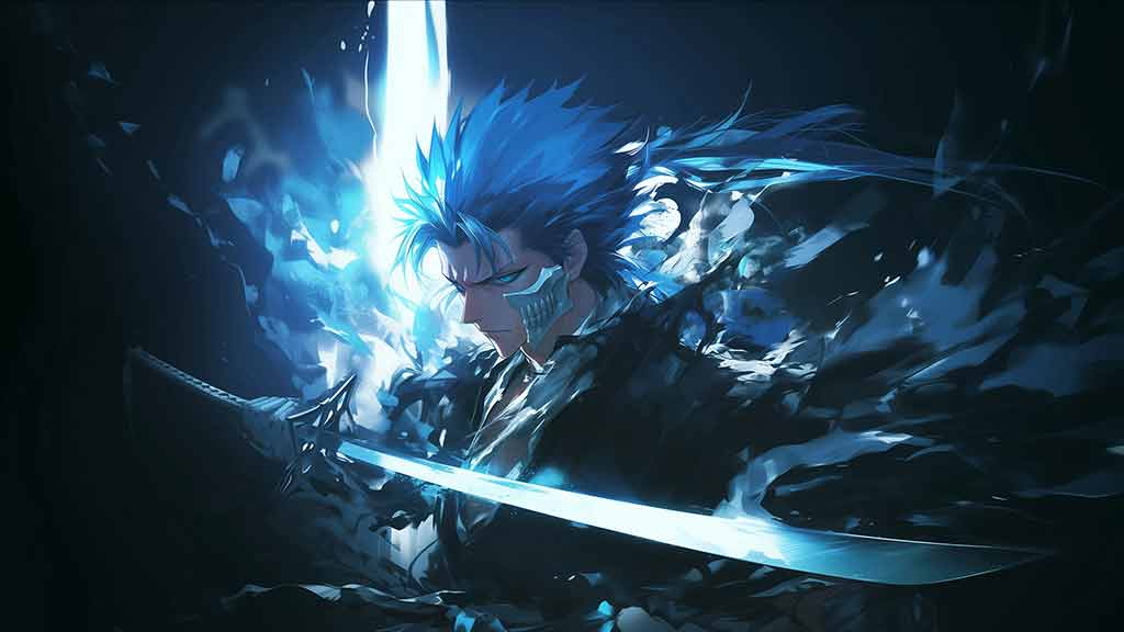 Grimmjow Jaegerjaquez Espada Fond d'écran 4K de l'anime Bleach avec des cheveux bleus brillants et une épée sur fond sombre - Téléchargement HD gratuit