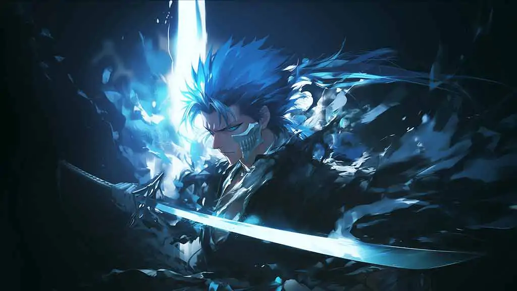 Bleach Anime Grimmjow Jaegerjaquez Espada 4K Wallpaper with glowing blue hair and sword against dark background - Free HD Download
