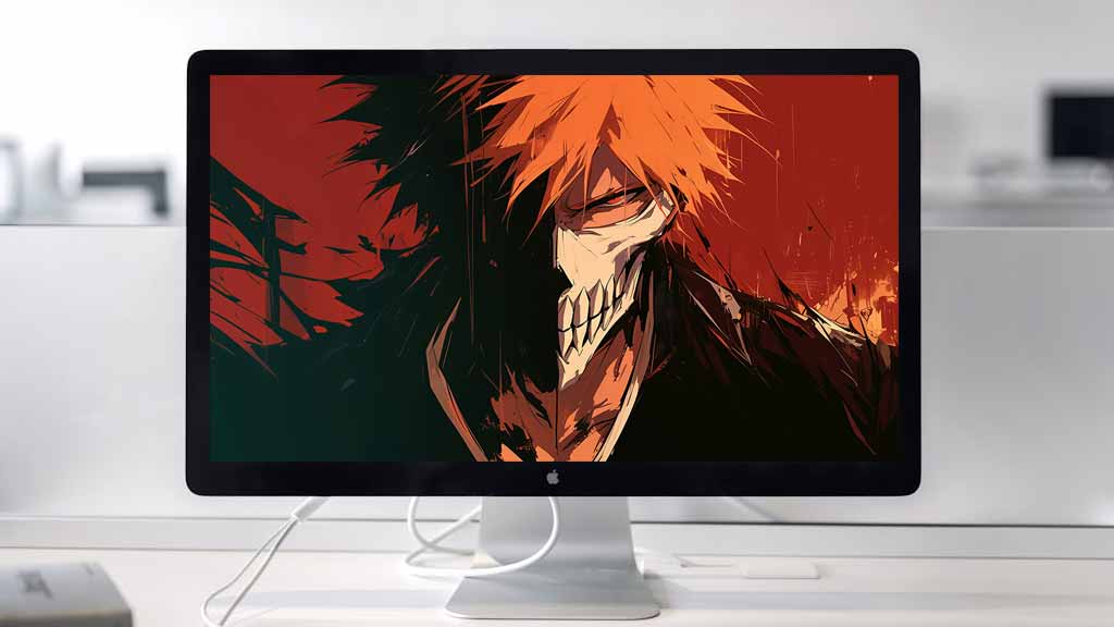 Fond d'écran 4K Ichigo Kurosaki de Bleach avec le masque Hollow en qualité Ultra HD pour PC et mobile, téléchargement gratuit en multiples résolutions sans inscription.