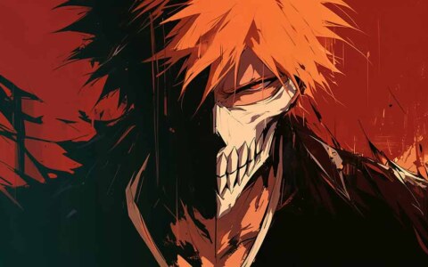 Fond d'écran 4K Ichigo Kurosaki de Bleach avec le masque Hollow en qualité Ultra HD pour PC et mobile, téléchargement gratuit en multiples résolutions sans inscription.