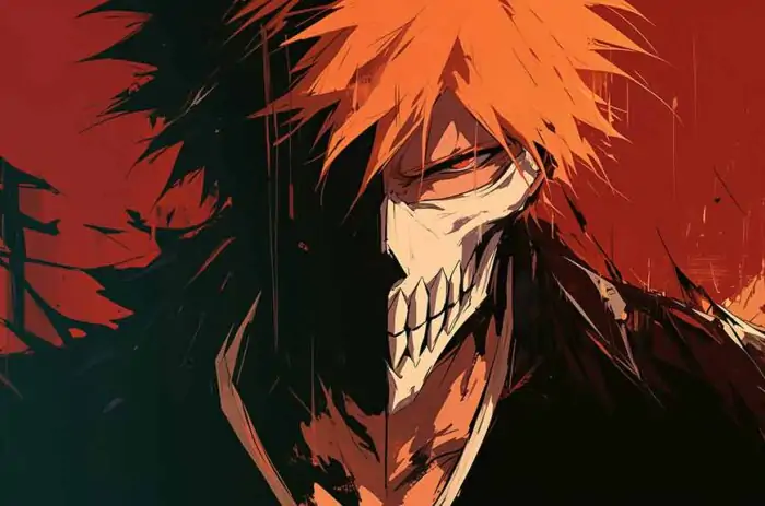 Fond d'écran 4K Ichigo Kurosaki de Bleach avec le masque Hollow en qualité Ultra HD pour PC et mobile, téléchargement gratuit en multiples résolutions sans inscription.
