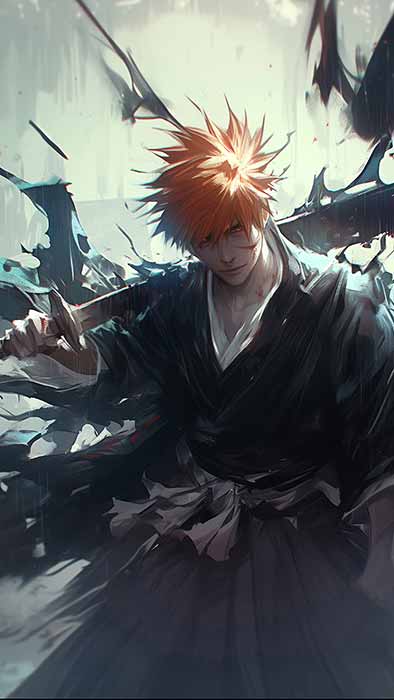 Fond d'écran 4K de Kurosaki Ichigo de l'anime Bleach, sous la forme Soul Reaper tenant son épée téléchargement gratuit pour PC et mobile