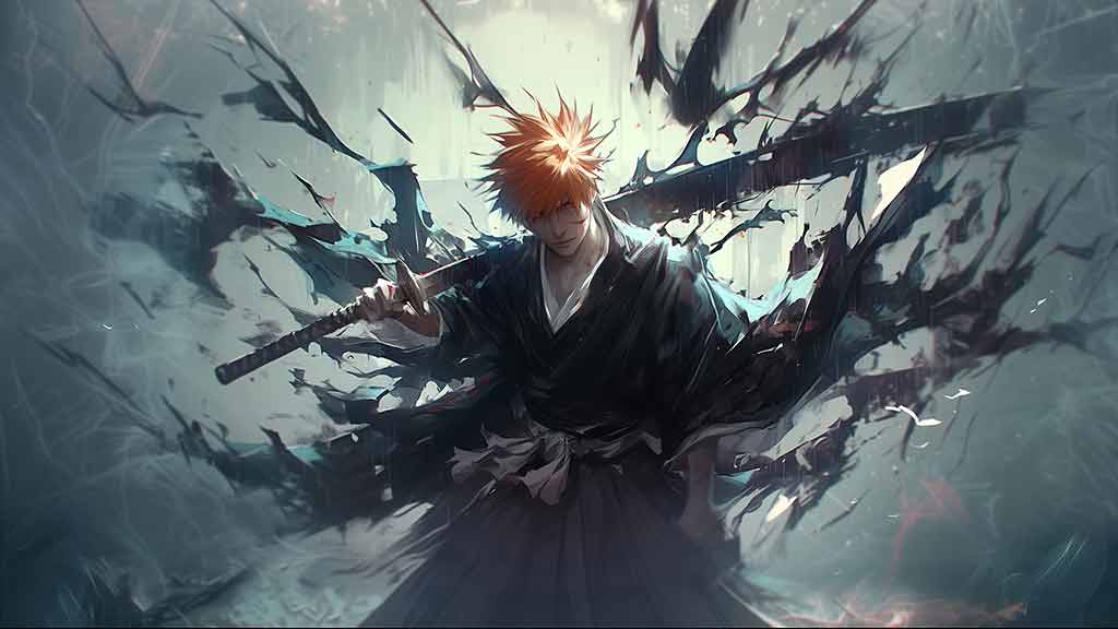 Fond d'écran 4K de Kurosaki Ichigo de l'anime Bleach, sous la forme Soul Reaper tenant son épée téléchargement gratuit pour PC et mobile