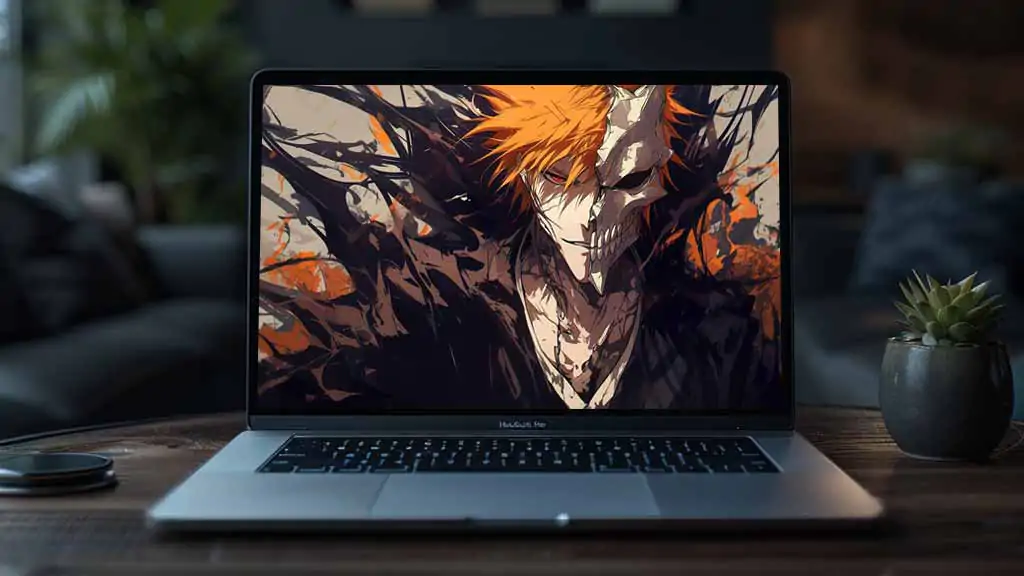 Bleach Anime Ichigo Kurosaki Half Hollow Mask 4K Wallpaper showing orange hair and skeletal hollow mask - ultra HD Free Download for pc & mobile