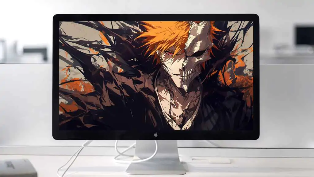 Bleach Anime Ichigo Kurosaki Half Hollow Mask 4K Wallpaper showing orange hair and skeletal hollow mask - ultra HD Free Download for pc & mobile