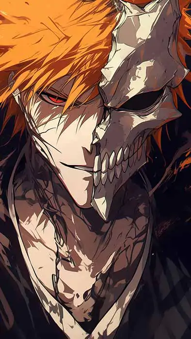Bleach Anime Ichigo Kurosaki Half Hollow Mask 4K Wallpaper showing orange hair and skeletal hollow mask - ultra HD Free Download for pc & mobile