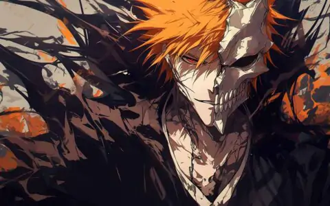Bleach Anime Ichigo Kurosaki Half Hollow Mask 4K Wallpaper showing orange hair and skeletal hollow mask - ultra HD Free Download for pc & mobile