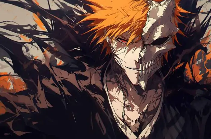 Bleach Anime Ichigo Kurosaki Half Hollow Mask 4K Wallpaper showing orange hair and skeletal hollow mask - ultra HD Free Download for pc & mobile