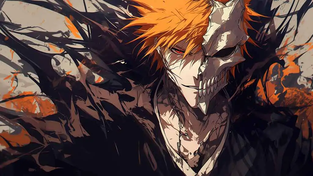 Bleach Anime Ichigo Kurosaki Half Hollow Mask 4K Wallpaper showing orange hair and skeletal hollow mask - ultra HD Free Download for pc & mobile