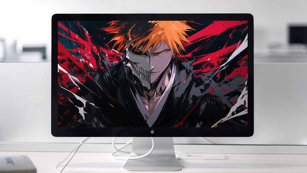 Kurosaki Ichigo avec un masque à moitié Hollow 4K fond d'écran avec effets énergétiques - Bleach anime ultra HD téléchargement gratuit pour ordinateur et mobile