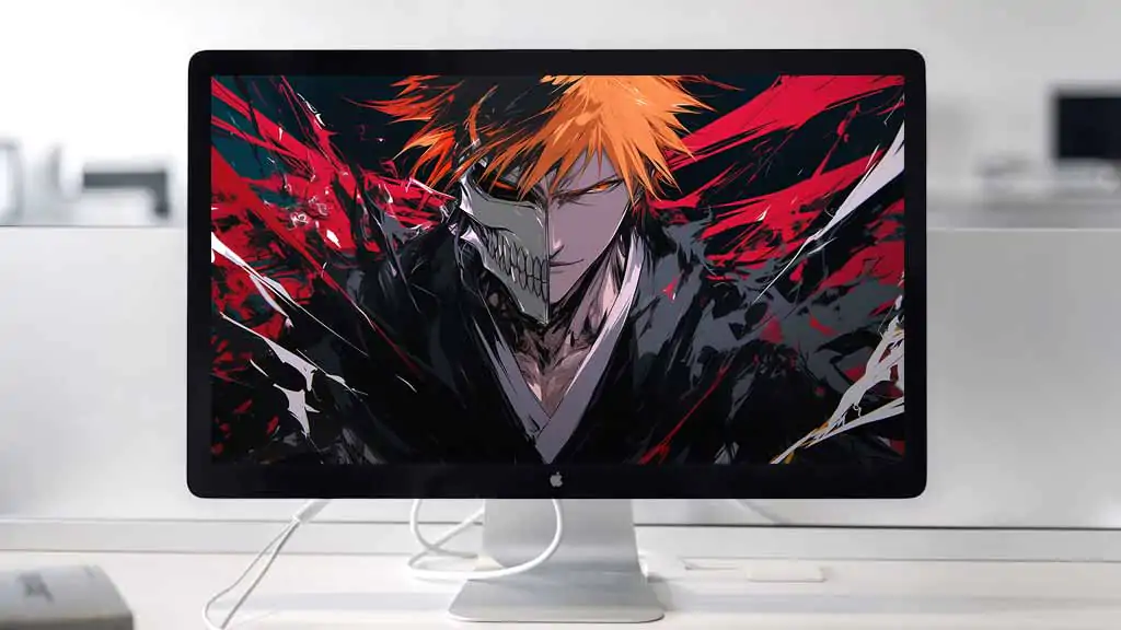 Kurosaki Ichigo avec un masque à moitié Hollow 4K fond d'écran avec effets énergétiques - Bleach anime ultra HD téléchargement gratuit pour ordinateur et mobile