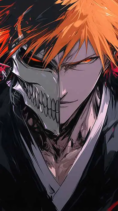 Kurosaki Ichigo avec un masque à moitié Hollow 4K fond d'écran avec effets énergétiques - Bleach anime ultra HD téléchargement gratuit pour ordinateur et mobile