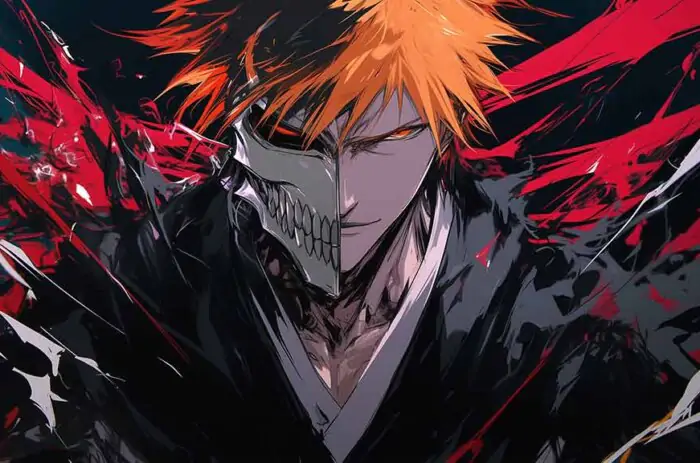 Kurosaki Ichigo avec un masque à moitié Hollow 4K fond d'écran avec effets énergétiques - Bleach anime ultra HD téléchargement gratuit pour ordinateur et mobile