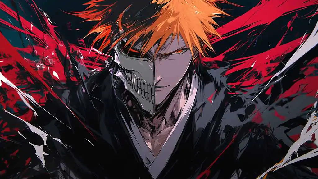 Kurosaki Ichigo avec un masque à moitié Hollow 4K fond d'écran avec effets énergétiques - Bleach anime ultra HD téléchargement gratuit pour ordinateur et mobile