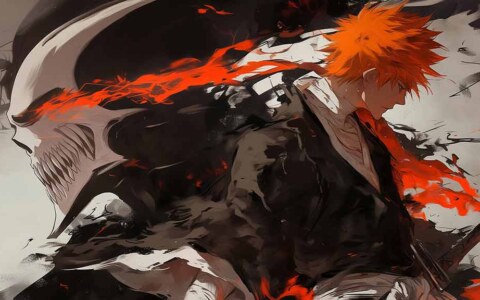 Kurosaki Ichigo Hollow Bleach Anime 4K Fond d'écran avec des cheveux orange sur fond de masque Hollow - Ultra HD Téléchargement gratuit pour PC et mobile