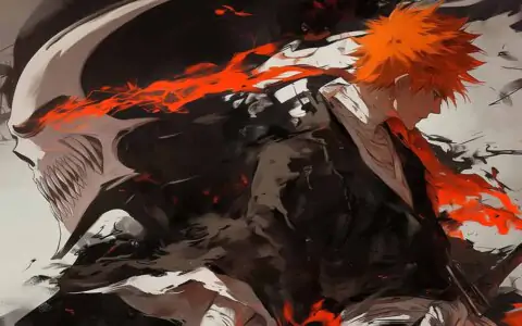 Kurosaki Ichigo Hollow Form Bleach Anime 4K Wallpaper with orange hair against Hollow mask background - ultra HD Free Download for pc & mobile