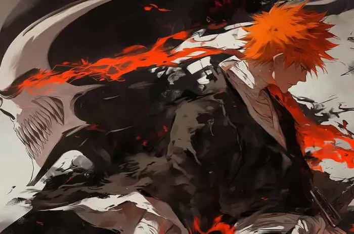 Kurosaki Ichigo Hollow Form Bleach Anime 4K Wallpaper with orange hair against Hollow mask background - ultra HD Free Download for pc & mobile