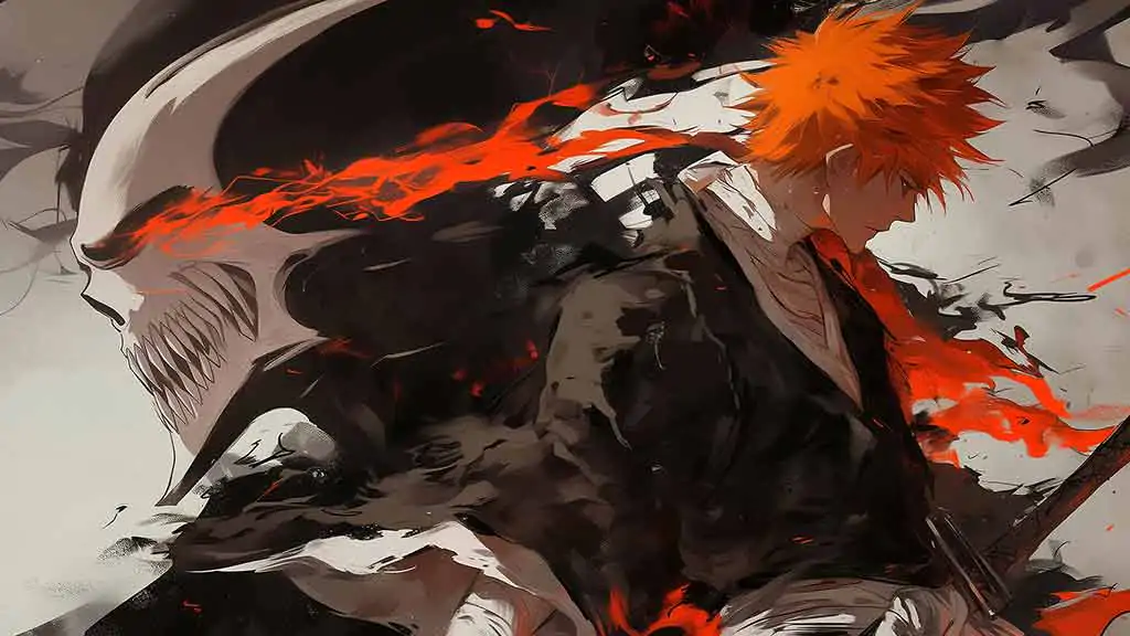 Kurosaki Ichigo Hollow Form Bleach Anime 4K Wallpaper with orange hair against Hollow mask background - ultra HD Free Download for pc & mobile