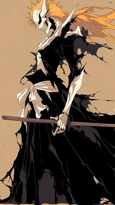Fond d'écran 4K de Kurosaki Ichigo, animé Bleach, corps entier, forme Hollow, avec de longs cheveux orange - Téléchargement gratuit en Ultra HD