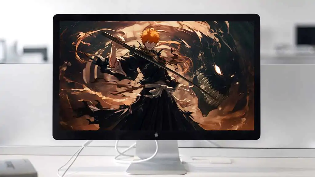 Kurosaki Ichigo 4K wallpaper with zanpakuto and spiritual energy from Bleach anime, free Ultra HD download for all devices